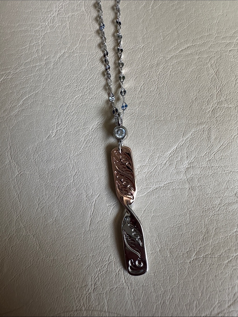 Two-Tone Twist Pendant Necklace with Clear Stone - Rose Gold & Silver
